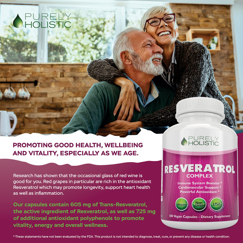 [Australia] - Purely Holistic Resveratrol 1450mg, 90 Servings, Trans-Resveratrol Antioxidant Supplement with Vitamin C and Polyphenol Complex, 180 Vegan Capsules, Promotes Anti Aging & Cardiovascular Health 