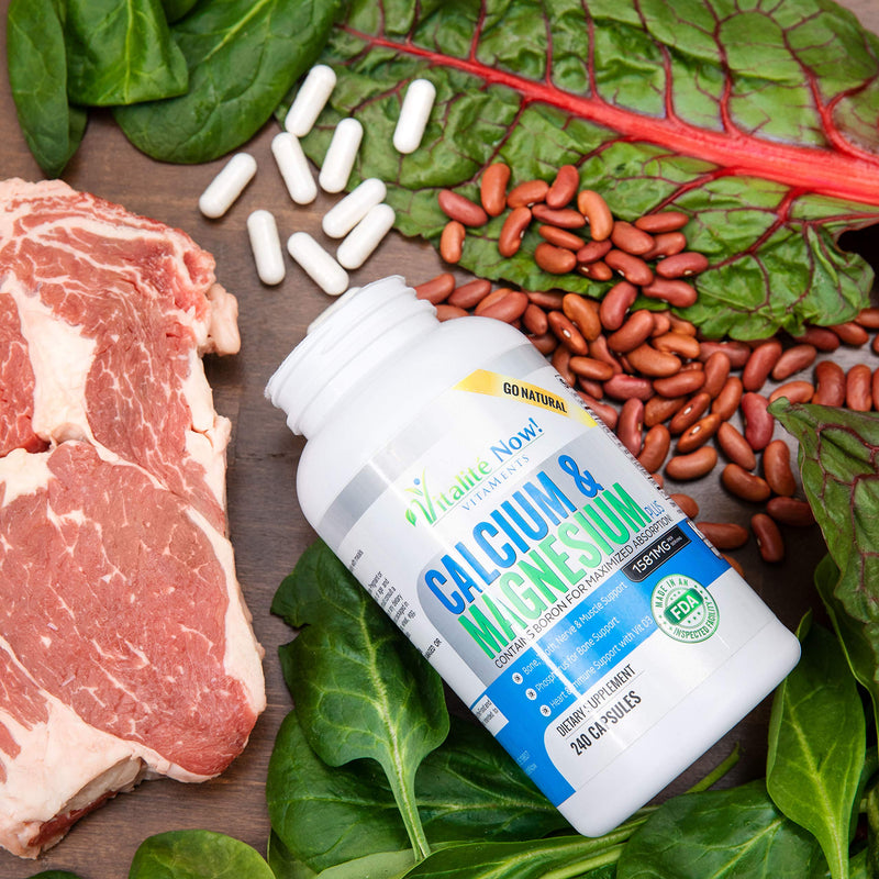 Vitalité Now! Calcium Magnesium Supplement 1000mg with Vitamin D | 10 Forms of Calcium for Maximum Absorption - Bone Strength Support with Boron and Phosphorus - 240 Capsules - 2 Month Supply