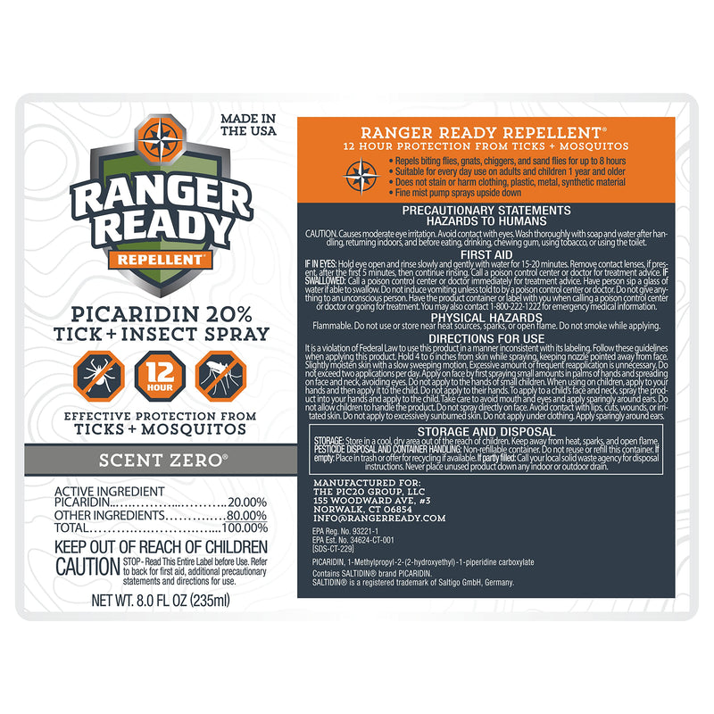 [Australia] - Ranger Ready Repellents Picaridin Insect Repellent Spray with Scent Zero - Mosquito Repellent and Tick Spray (8 oz., Pack of 1) 8 Fl Oz (Pack of 1) 