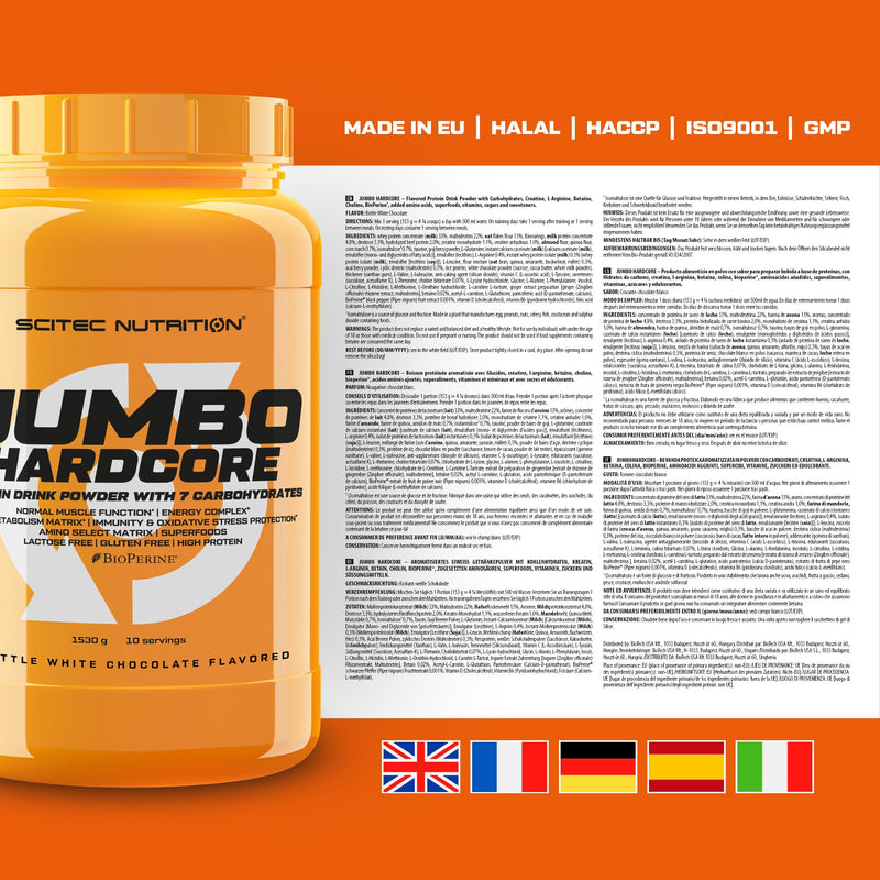 Scitec Nutrition Jumbo Hardcore, High Protein Weight Gainer with Amino Select Matrix, Superfoods, Creatine and with 7 carbohydrates, Gluten-Free and Lactose-Free, 1530 g, Brittle White Chocolate 1530g
