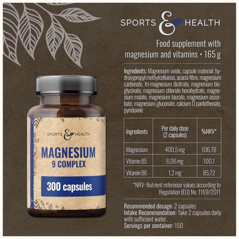 Magnesium Complex High Dose 400 mg - [300 x Capsules - 9 Magnesium Compounds] - Magnesium High Dose Capsules - Magnesium Complex Vitamin B - Magnesium Oxide, Magnesium Bisglycinate