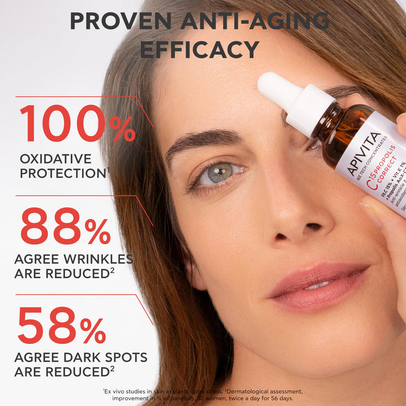 Apivita C15 Propolis Correct Serum, Anti-wrinkle & Brightening Antioxidant Serum with 15% Pure Stabilized Vitamin C, 1% Vitamin E, Patented Propolis AoX-CR, Non comedogenic | Brightening formula, 15% Vitamin C, 1% Vitamin E, Patented Propolis AoX-CR