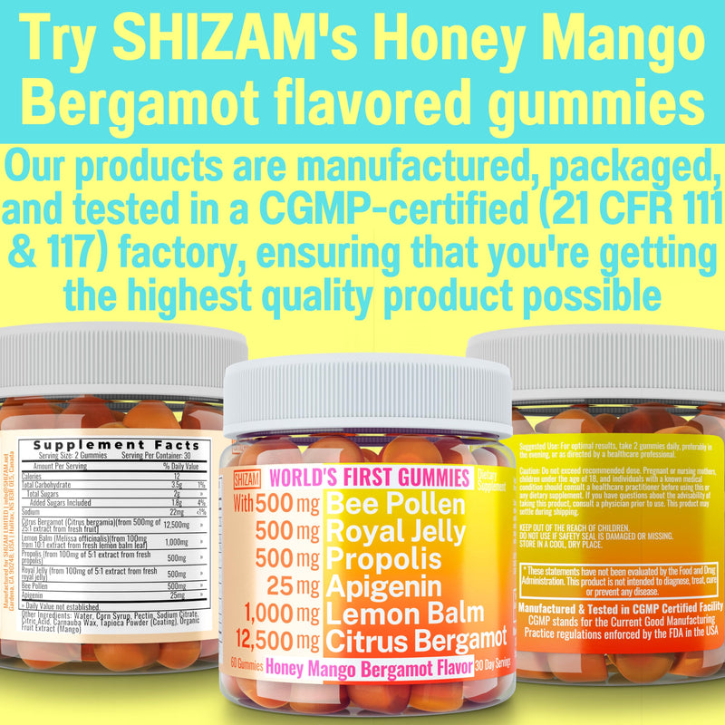 [Australia] - Bee Pollen Apigenin Citrus Bergamot Gummies w Organic Propolis Royal Jelly Honey Lemon Balm Extract, Supplement for Men Kids, Tincture Drops Powder Capsule Herb Capsules Supplements Alt, Pollan Polen 