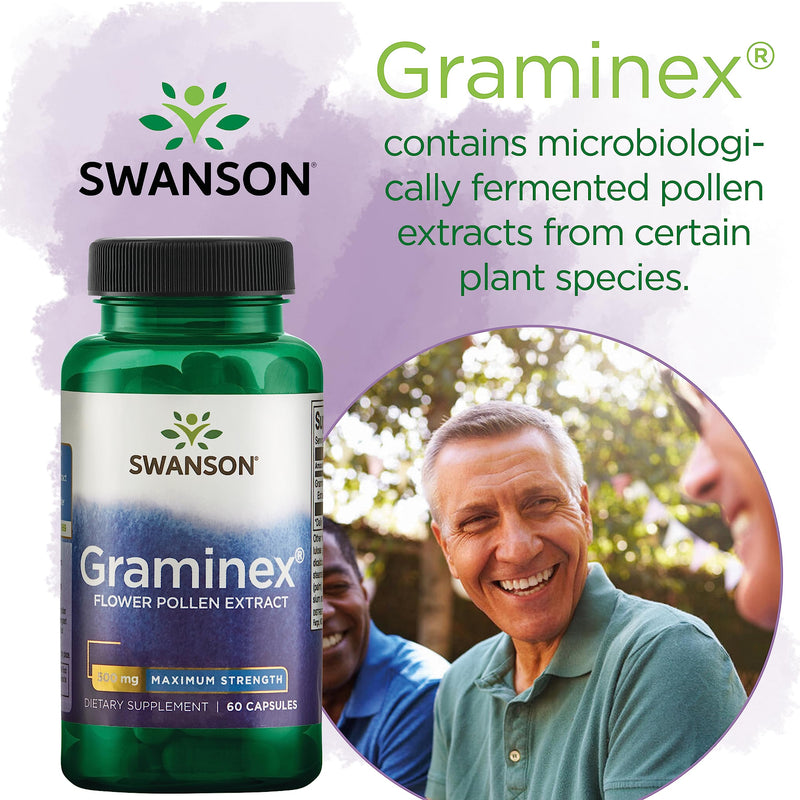 Swanson, Graminex Flower Pollen Extract, 500mg, from Rye, 60 Capsules, High Strength, Lab Tested, SOYA Free, Gluten Free, Non GMO