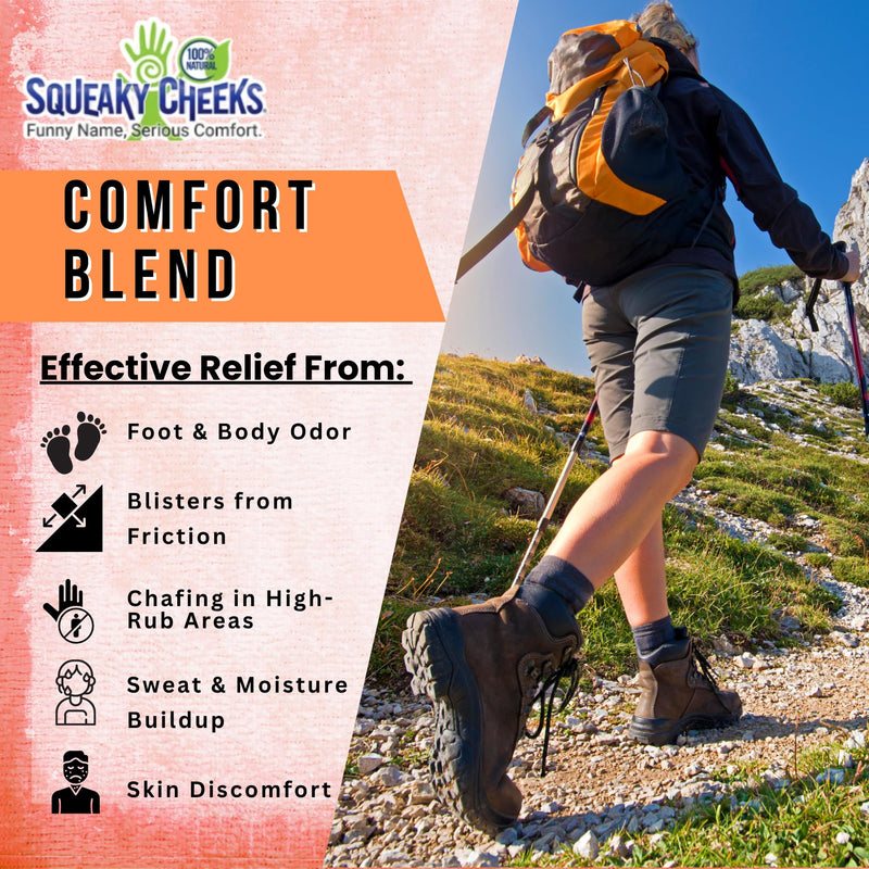 Squeaky Cheeks Comfort Blend Body and Foot Powder(5 oz) | Organic Talc-Free and All Natural Powder | Comfort Formula | Fresh Scent With Essential Oils | Effective Relief From Chafing, Sweat and Odor