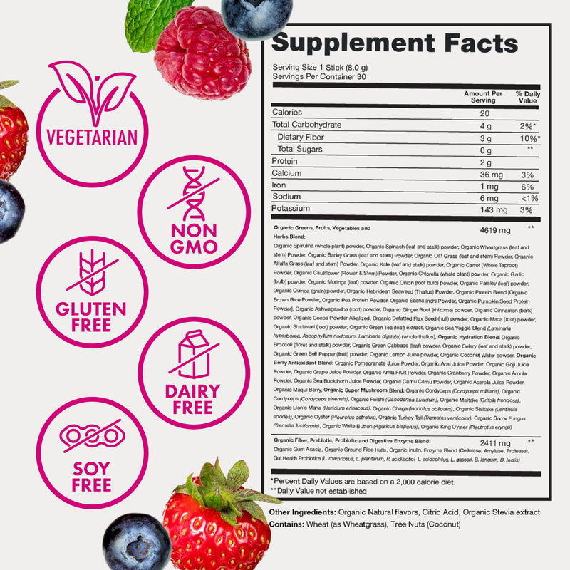 [Australia] - Zena Nutrition Organic Super Greens Powder, 70+ Superfoods, 0 Sugar, 3G Fiber, Spirulina, Chlorella, Antioxidants, Prebiotics/Probiotics, Digestive Enzymes, Mixed Berry, 30 Drink Mix Packets 30 Servings (Pack of 30) 