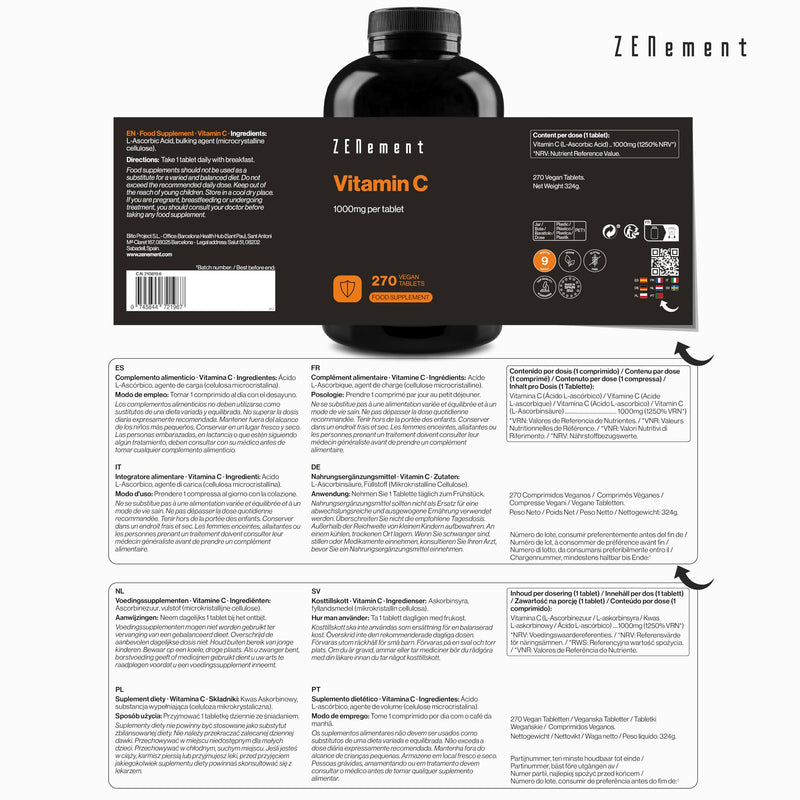 Vitamin C 1000 mg, 270 Vegan Tablets (9-Month Supply) – Antioxidant, Helps Reduce Tiredness and Fatigue – Only 1 Tablet a Day of Pure Vitamin C – Zenement