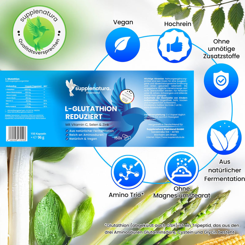 [Australia] - L Glutathione reduced (XXL supply) 150 capsules | 1000mg daily dose | Fermented & reduced PREMIUM: with vitamin C, selenium & zinc | Laboratory tested, vegan - SUPPLENATURA® 150 pieces (pack of 1) 