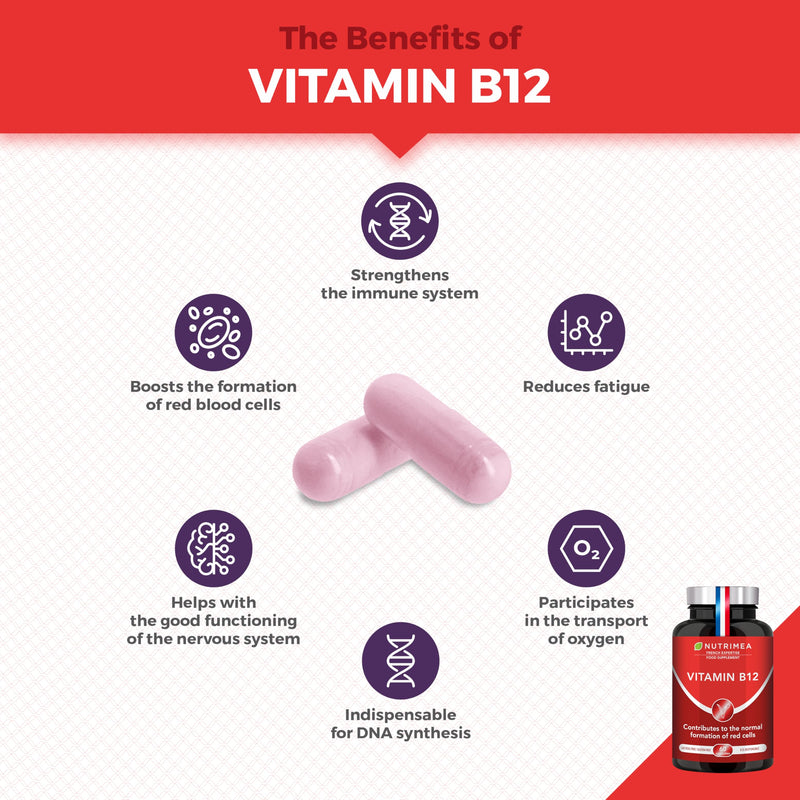 Vitamin B12 1000mcg High Strength - Cyanocobalamin Formula from Bacterial Fermentation - 60 Vegan Capsules - Gluten Free - Lactose Free - French Expertise - Nutrimea