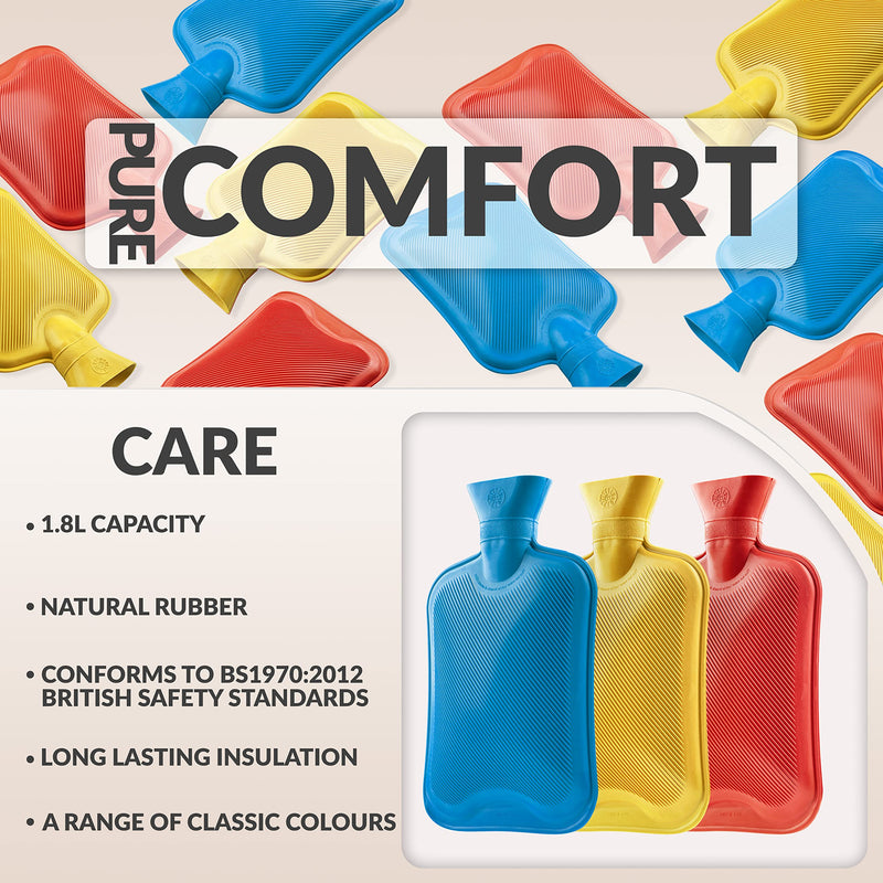 [Australia] - Hot Water Bottle Without Cover, Pack of 2 and 3 Hot Water Bottles Large 1.8L Rubber, Hot Water Bottle Robust and Durable Made of Natural Rubber, Bed Bottle for Children and Adults (Blue/Red/Yellow, 3 Pack) Blue/Red/Yellow 