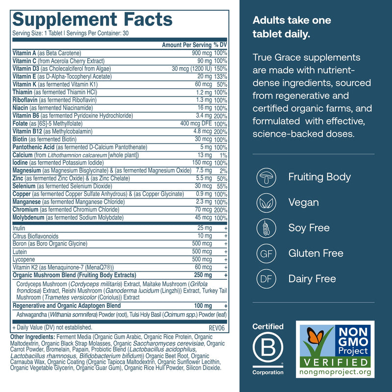 True Grace One Daily Men’s Multivitamin Fermented Minerals, Organic Adaptogens & Mushrooms Whole Body Balance Immune, Endurance, Bone & Heart Support - Non-GMO, Gluten Free - 30 Vegan Tablets 30 Day Supply