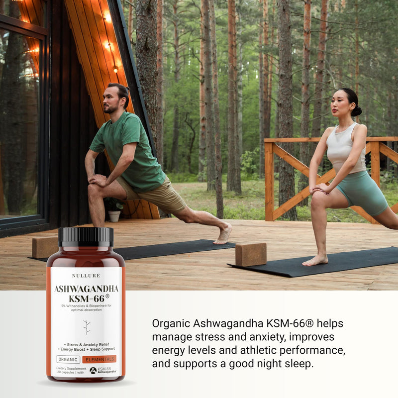 Nullure Organic Ashwagandha KSM-66 + Bioperine | Vegan | 600mg | Anxiety Relief · Anti-Stress (Cortisol) · Endurance · Sleep Quality | Additives Free | 5% Withanolides | 120 Capsules (2 Months)