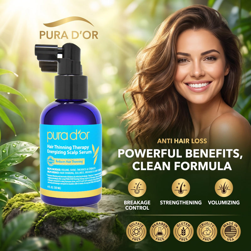 PURA D'OR Hair Thinning Therapy Energizing Scalp Serum 4oz w/Copper Tripeptide, Biotin, Caffeine, Plant Stem Cell, Catalase & DHT Balance, Rosemary Green Tea Leaf Extract, All Hair Types, Men Women | Stronger-Looking Roots, Clinically Tested, Caffeine,...