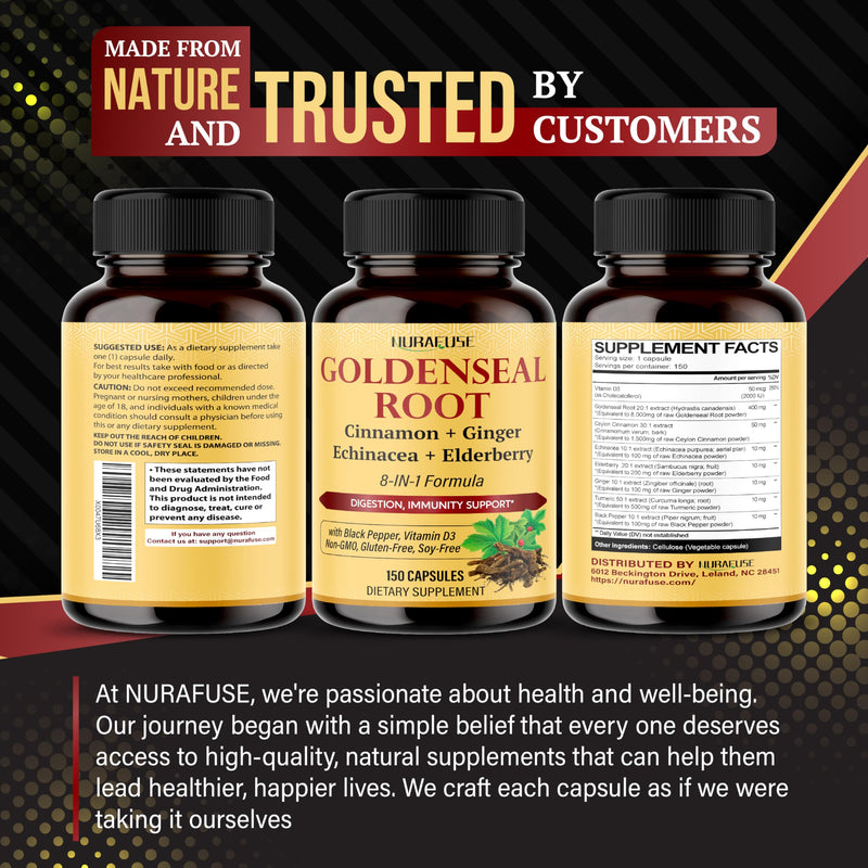 [Australia] - Goldenseal Root 8-in-1 Formula - with Cinnamon Ginger Echinacea Elderberry Black Pepper Vitamin D3 - Non-GMO, Gluten-Free, Soy-Free 150 count (pack of 1) 