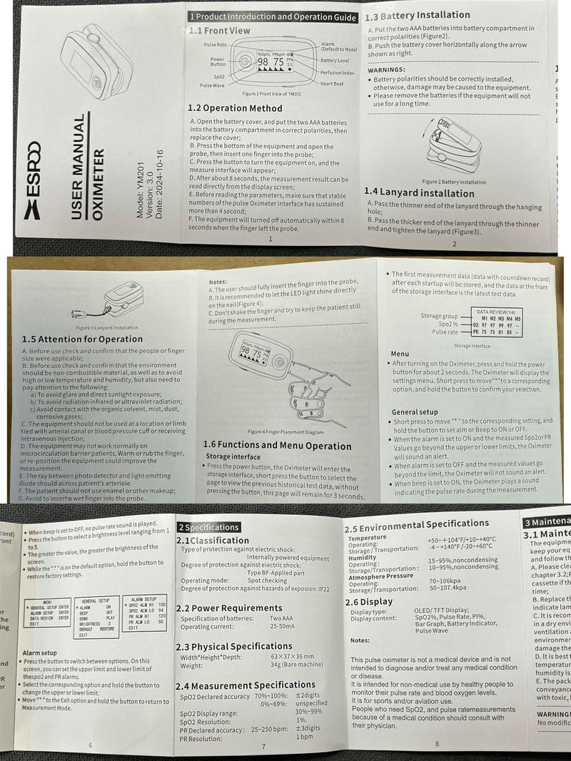 ESPOO Pulse Oximeter Fingertip, Blood Oxygen Saturation Monitor with 20 Memories, Brightness&Alarm Adjustable Black