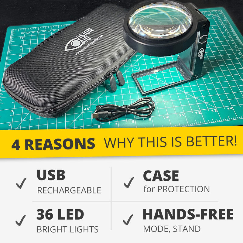 [Australia] - Vision Aid 30x Hands-Free Magnifier with Ultra Bright LED Lights and Case, 40x Magnifier with Stand for Reading Jewelry, Coins, Watches, Hobby, Crafts, Close Work, USB Rechargeable, Black USB Rechargeable - Deluxe Edition 