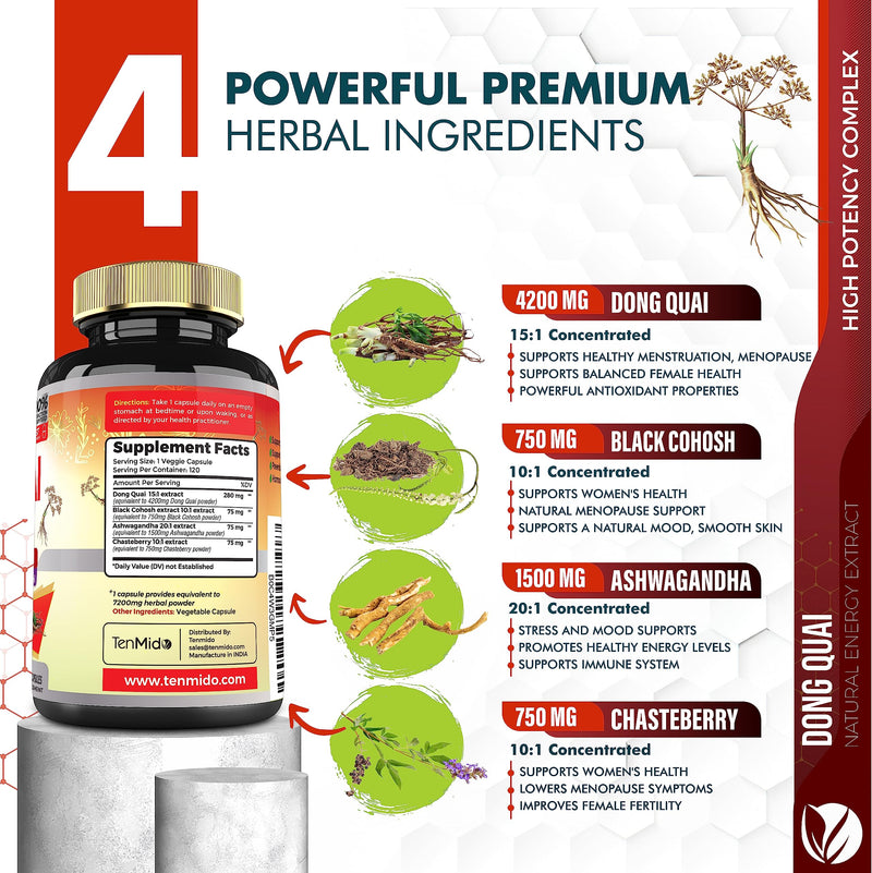[Australia] - Dong Quai Supplement Extract Capsules 7200mg, 4 Months Supply with Black Cohosh, Chasteberry, Ashwagandha - 120 Vegan Capsules 