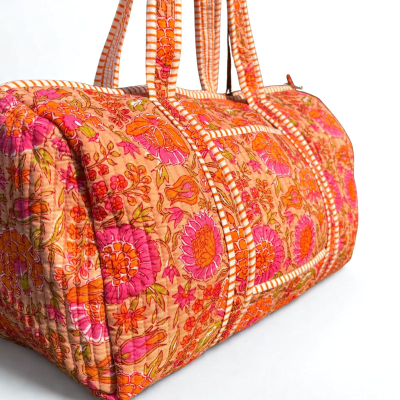Large Orange Pink Cotton Quilted Duffle Bags Block Print Gifts Handmade Colorful Travel Night Travel Gym Yoga Luggage Pocket 18X9X9 inches