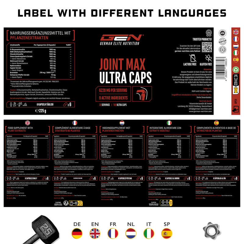 [Australia] - Joint Max Ultra Caps - 180 capsules - High-dose joint supplement with glucosamine, MSM, chondroitin, Cissus Quadrangularis, frankincense extract, hyaluronic acid, ginger, bromelain 