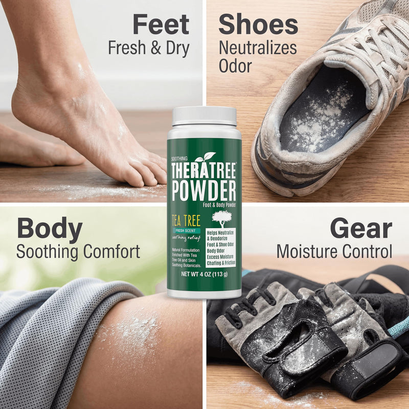 TheraTree Tea Tree Foot Powder, Odor and Sweat, Smelly Feet Deodorizer, 4oz | Oleavine Natural talc-free formula with tea tree, peppermint, and neem deodorizes smelly feet and shoes for men and women