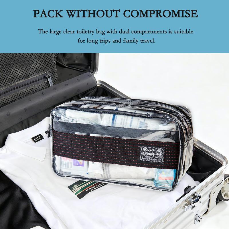 Rough Enough Clear Travel Toiletry Bag for Men Women Traveling Toiletries Essentials Shaving Hygiene Dopp Kit | Dual-Compartment Design, Water-Resistant Thick PVC, YKK Zipper, Fits Full-Size Toiletries & Makeup, with Reinforced Handle