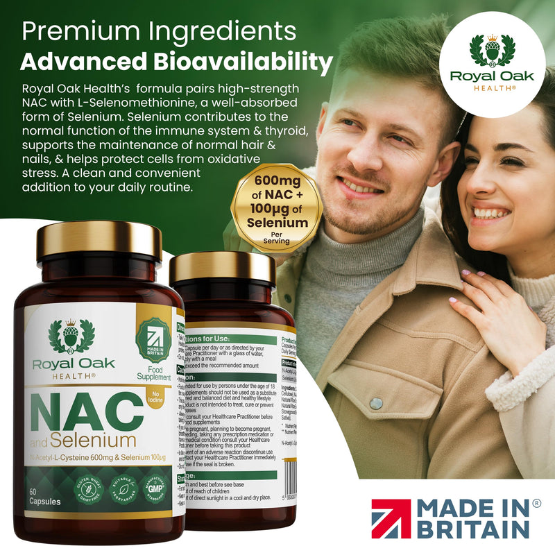 NAC 600mg + Selenium 200µg | N-Acetyl L-Cysteine with L-Selenomethionine | High Strength Premium Form | Iodine Free | 60 Capsules | Vegan | UK Made NAC with Selenium