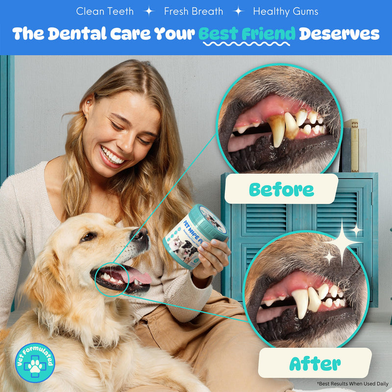 [Australia] - All-in-1 Dog Teeth Cleaning Wipes | Enzymatic Whitening + Micro Scrubbing Beads | No Mess, Pet Dental Wipes & Finger Tooth Brushing Kit | Plant-Based Dental Care for Cats & Dogs (60 Count) 