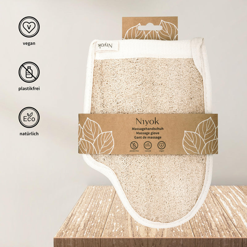 [Australia] - Niyok® massage glove made of loofah & cotton • Gentle cleansing & massage for body & face • Natural peeling glove • Body scrub glove • Shower glove for body peeling 