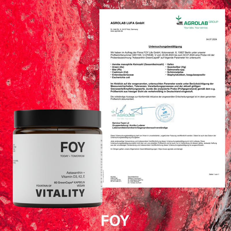 [Australia] - FOY® Vitality Astaxanthin vegan + Vitamin D3 + K2 + E (antioxidant) + MCT oil for high bioavailability - 60 high-dose premium capsules, laboratory tested 