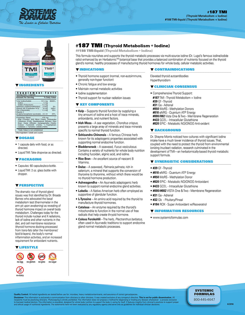 [Australia] - Systemic Formulas Bio Nutriment TMI Thyroid Metabolism + Iodine 60 Capsule #187. Iodine Supplement Thyroid Support for Women and Men Iodine Pills Kelp 