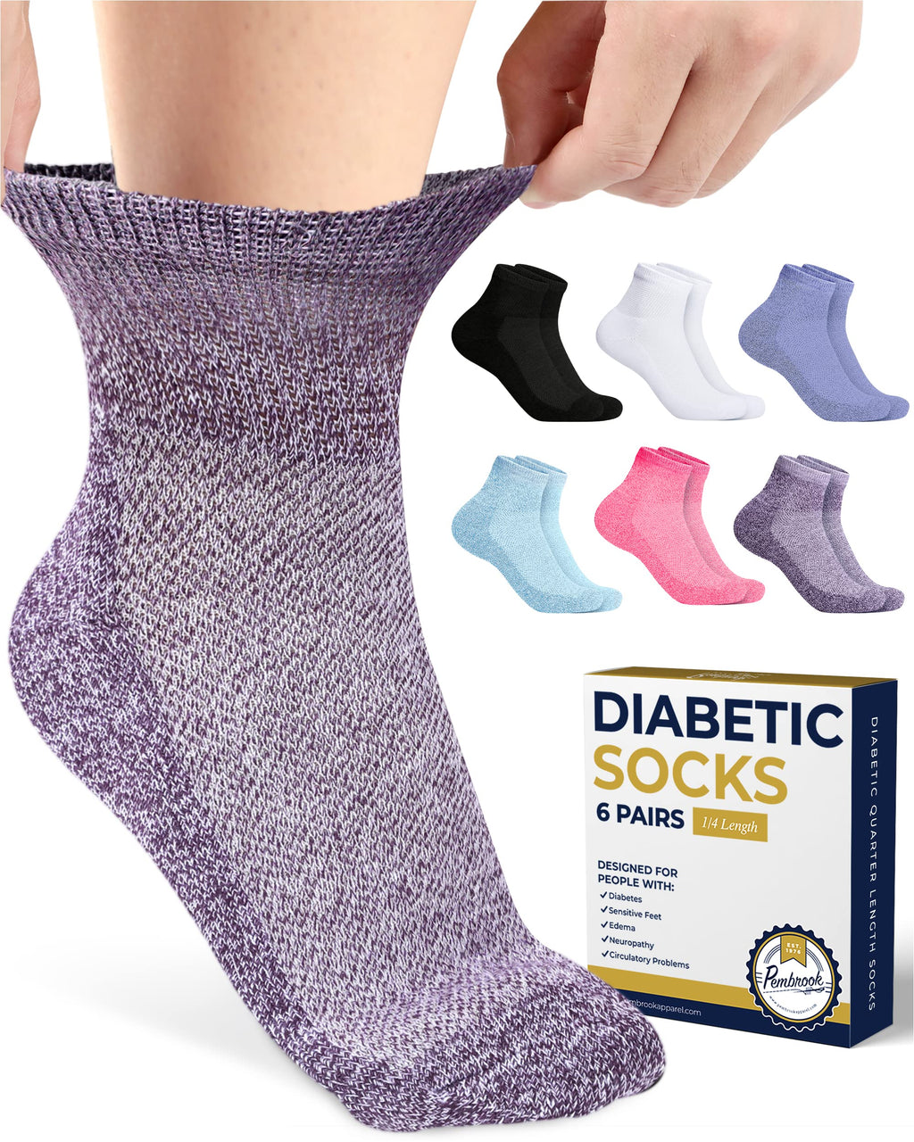 Pembrook Ankle Diabetic Socks for Women & Men | 6 Pairs | Wide Non Binding Socks Quarter Length | Edema Neuropathy Socks Large Bright Colors 1 - 6 Pairs