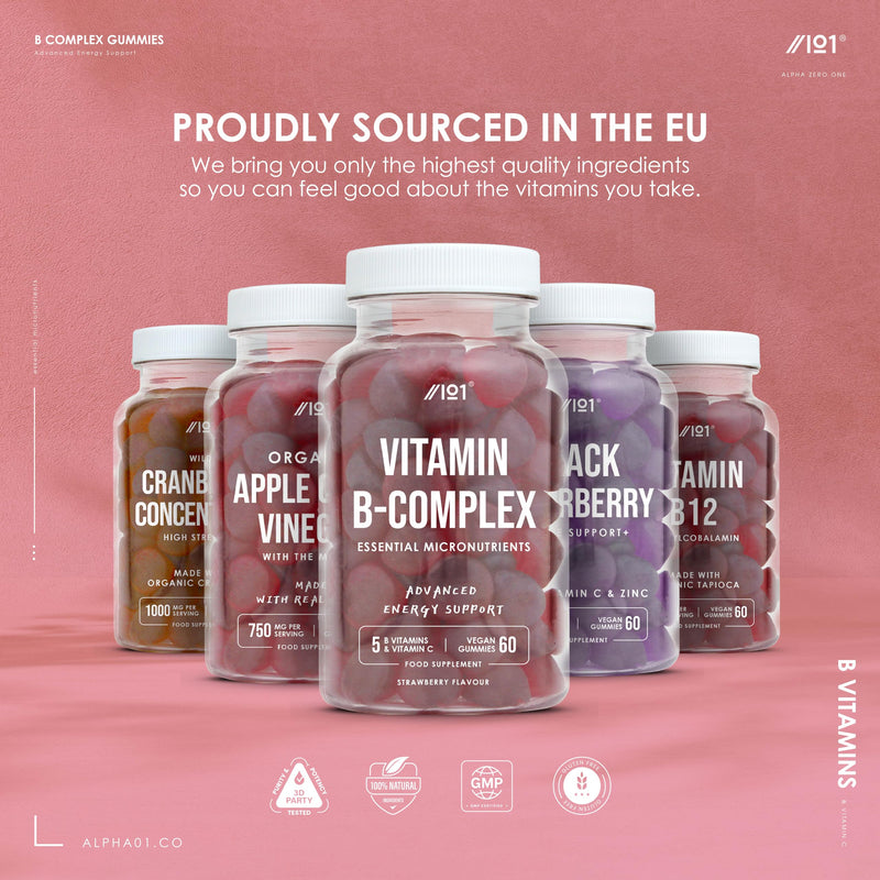 Vitamin B Complex Gummies - 5 Essential B Vitamins & Vitamin C - 60 Vegan Gummies - Strawberry Flavour - By Alpha01