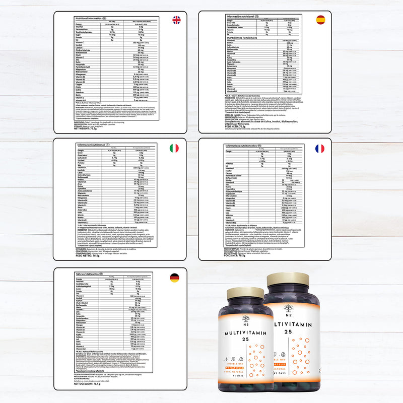 Vitamin C and D - HIGH DOSE 200% of the Recommended Daily Value - Multivitamin 25 Vitamins & Minerals Zinc Magnesium Vitamin E B1 B12 B6 - Women Men 90 Capsules N2 Natural Nutrition