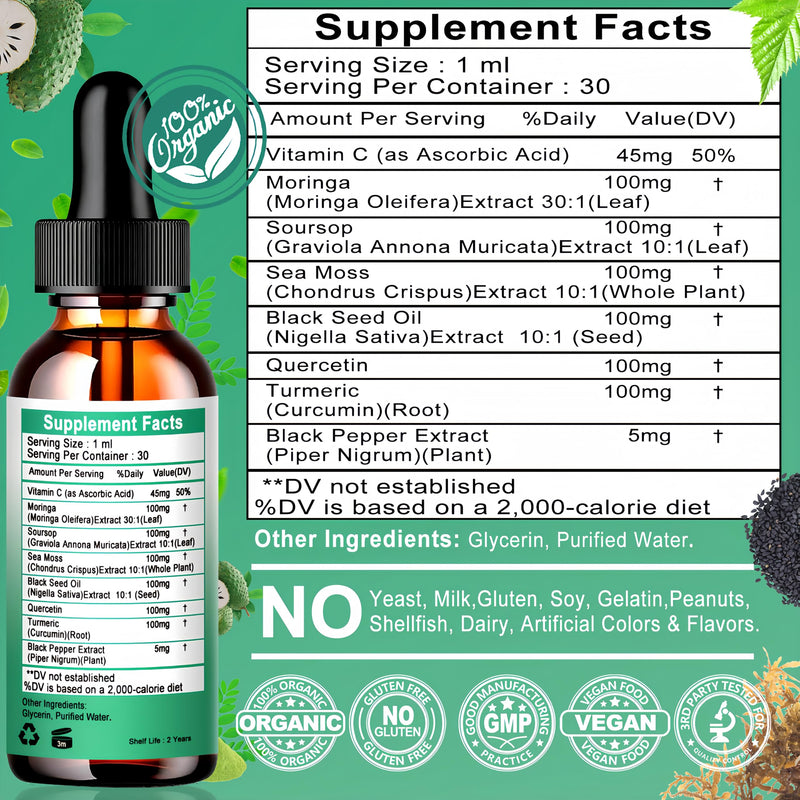 Moringa Drops,Pure Moringa Oleifera Liquid Extract with Soursop Sea Moss Black Seed Oil Quercetin Turmeric - Multimineral&Vitamins Superfood Drops for Energy Immune,Digestive,Cell Support,30 Serving