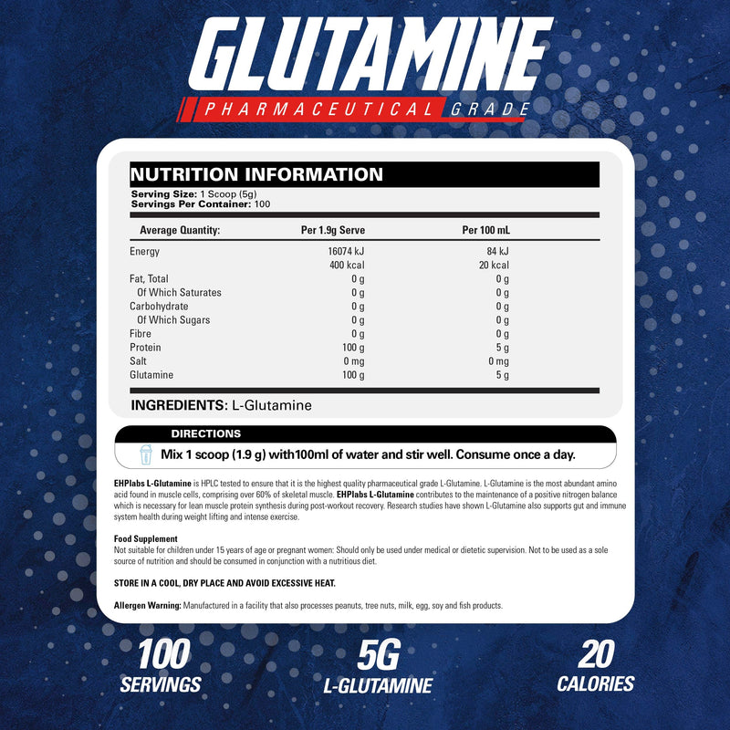 EHP Labs L Glutamine Powder Amino Acids - L-Glutamine Supplement for Gut Health (500g) Improves Muscle Recovery, Focus & Concentration - 100 Servings