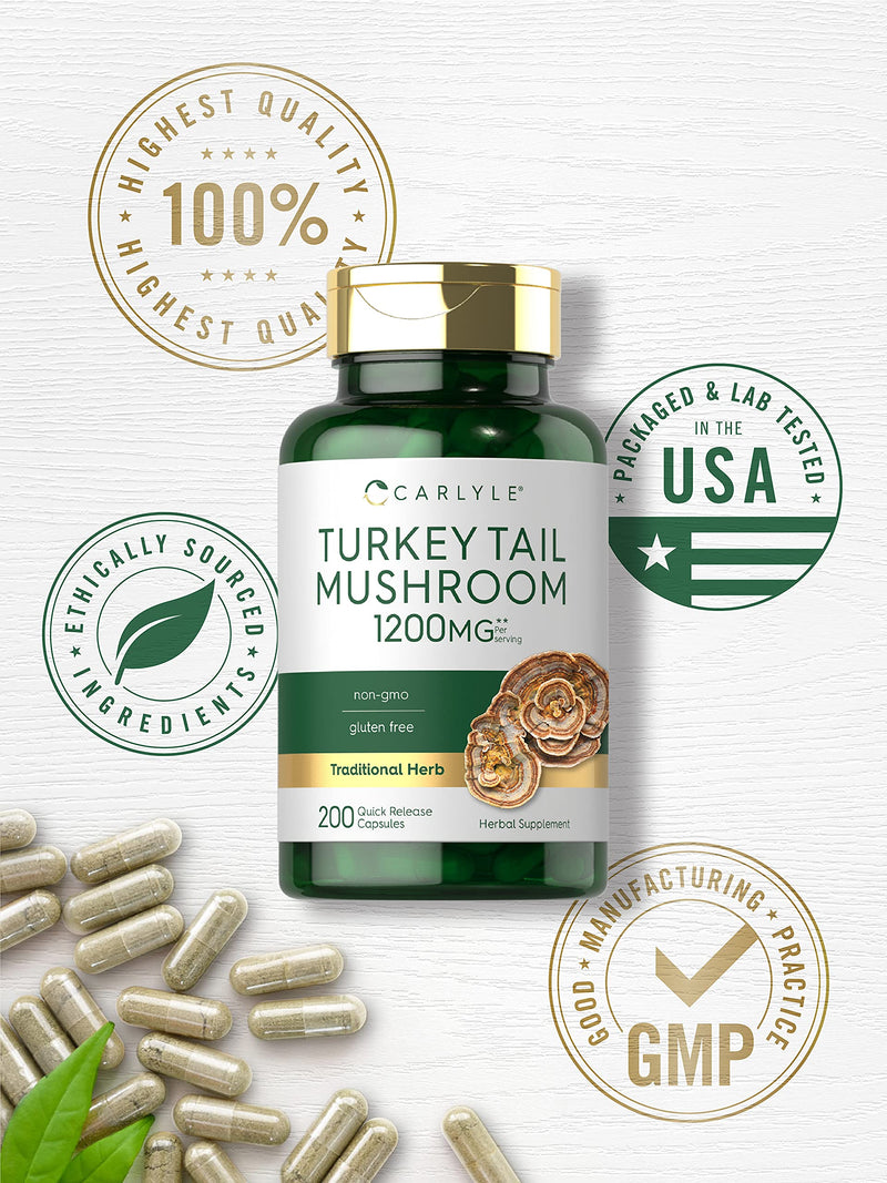 [Australia] - Carlyle Turkey Tail Mushroom Capsules | 1200mg | 200 Count | Non-GMO & Gluten Free Extract 