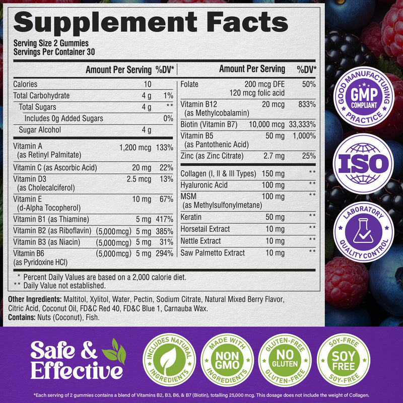 Biotin Gummies for Hair Growth Support - for Women & Men - Berry, 60 Gummy | Biotin 10000mcg, Collagen, Keratin, Hyaluronic Acid, B-Complex, Saw Palmetto - Hair, Skin & Nail Strengt Support - Sugar-Free Mixed berry 60 Count (Pack of 1)