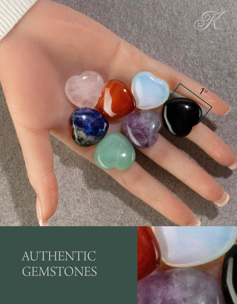 KALIFANO 7 Gemstone Heart Carvings Bundle - High Energy Reiki Crystals (Amethyst, Aventurine, Carnelian, Obsidian, Opalite, Rose Quartz, Sodalite) with Healing Properties