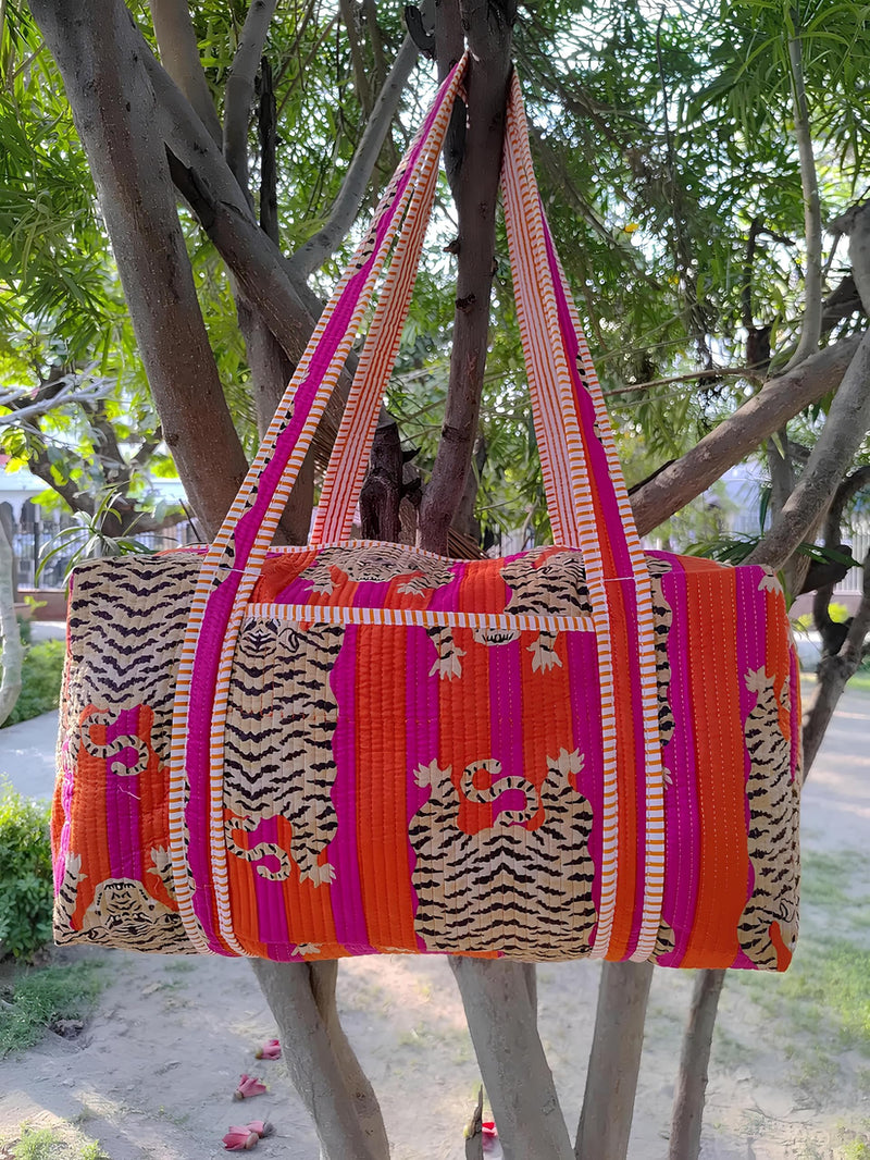 INDACORIFY Indian Cotton Tiger Print Quilted Duffle Bag Large Size Beautiful Print Weekender Bags Handmade Shoulder Travel Overnight Bag