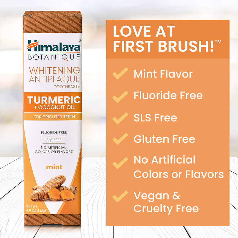 Himalaya Botanique Turmeric & Coconut Oil Whitening Antiplaque Herbal Toothpaste, Whitens Teeth, Fluoride Free, No Artificial Flavors, SLS Free, Vegan, Cruelty Free, Foaming, Mint Flavor, 4 Oz, 2 Pack 4 Ounce (Pack of 2)