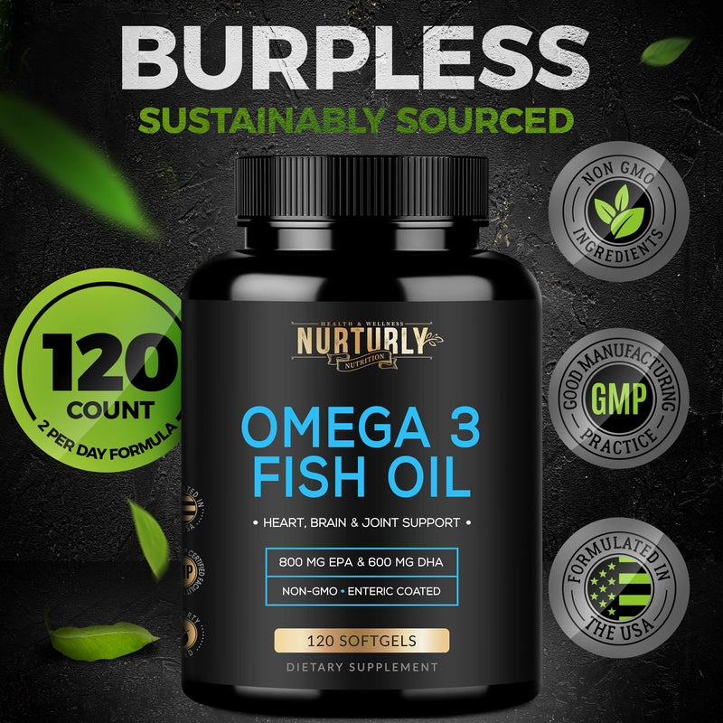 Omega 3 Fish Oil 2000mg, 800mg EPA and 600mg DHA - Enteric Coated and Burpless - Supports Brain, and Heart - Burpless, Non-GMO, 3rd Party Lab Tested and NSF Certified - 120 Softgels