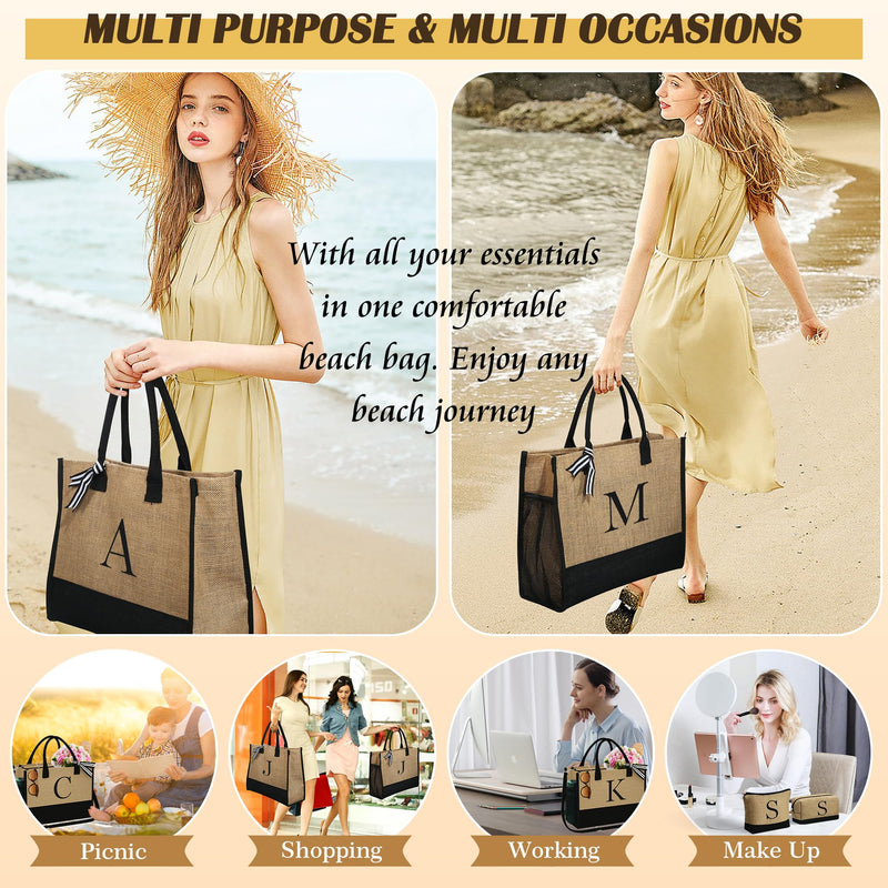 YOOLIFE 3 Pcs Initial Jute Tote Bag & 2 Pcs Initial Makeup Bag Personalized Gifts for Women Teen Girls