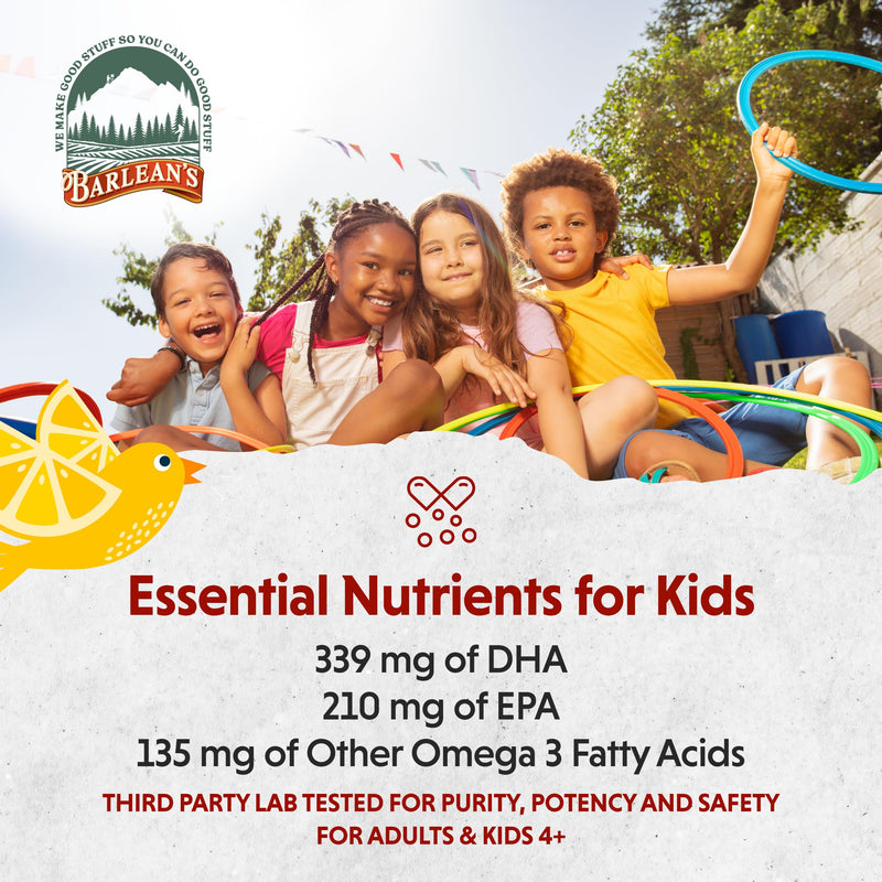 [Australia] - Barlean's Omega Pals Chirpin' Slurpin' Omega 3 for Kids, Yummy Lemonade Flavored Children's Liquid Fish Oil Supplement with 540 mg of EPA & DHA for Brain & Eye Health, 8 oz Chirpin’ Slurpin’ Lemonade 8 Ounce (Pack of 1) 