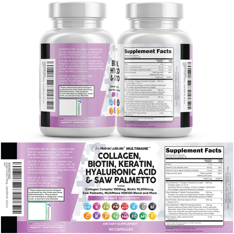 Clean Nutraceuticals Collagen Pills 1000mg Biotin 10000mcg Keratin Saw Palmetto Hyaluronic Acid - Hair Skin & Nails Vitamins & DHT Blocker with Vitamin E Folic Acid Pumpkin Seed MSM - 90 Count 90 Count (Pack of 1)