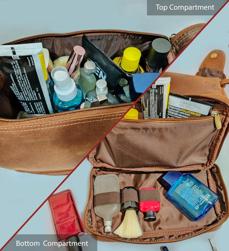 Leather Toiletry Bag for Men - Travel Shaving Dopp Kit - Bathroom Shower Toiletries Organizer - Cosmetic Make up Bag for Women | 2 Compartments, YKK Zipper, Fits Carry-Ons; Gifts for Father, Husband; Cologne Organizer, Shaving Bag, Water Resistant Lining