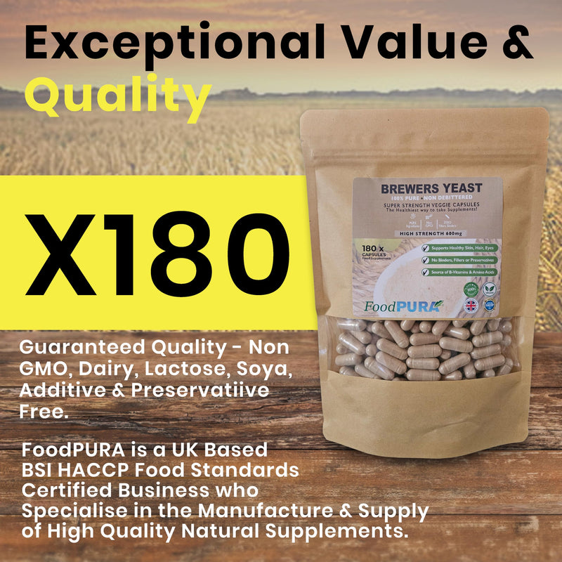 180 x 600mg Brewers Yeast Capsules 100% Pure & Natural Not Debittered HACCP Certified Manufactured in The UK (180) 180