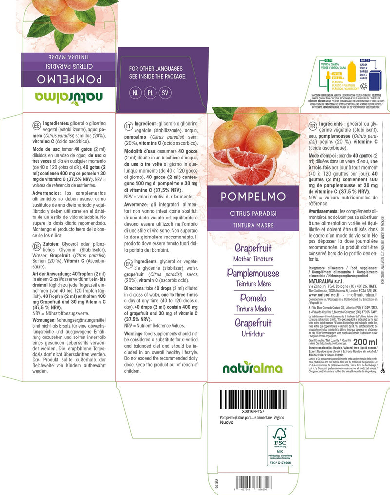 Grapefruit (Citrus paradisi) Seeds Alcohol-Free Mother Tincture Naturalma - Enriched with Vitamin C - Liquid Extract Drops 200 ml - Food Supplement - Vegan 200 ml (Pack of 1)