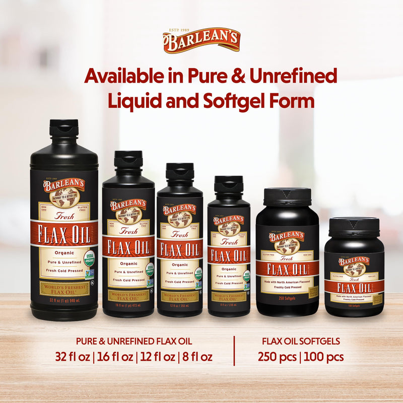 Barlean's Organic Flaxseed Oil, 7640mg ALA Omega-3, Cold-Pressed, 16oz | Fresh cold-pressed flax seeds, ALA omega 3-6-9, Vegan, Non-GMO, Gluten-free, Unrefined, Supports heart, skin & hair 16 Fl Oz (Pack of 1)