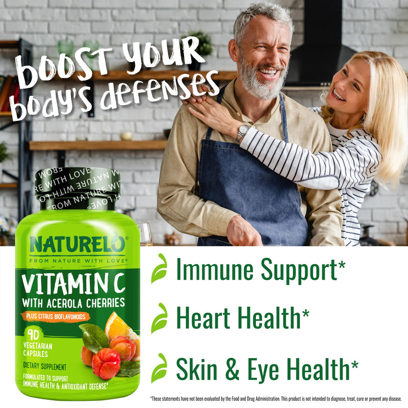 NATURELO Vitamin C 500 mg, Immune Support, Vegan, 90 Capsules | Organic acerola cherry extract, citrus bioflavonoids, Non-GMO, 500 mg VIT C per Cap 90 Count (Pack of 1)