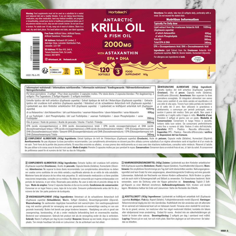 [Australia] - Krill oil capsules high dose 2000mg | Omega 3-340mg EPA/DHA with 600 mcg Astaxanthin | Antarctic krill | Alternative to cod liver oil | 120 pieces | from Horbaach 